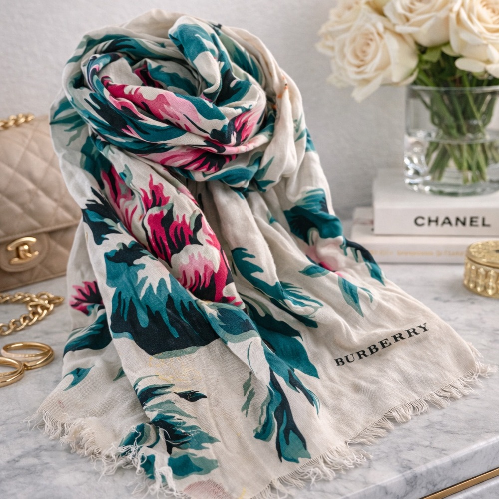 Burberry Teal and Pink Floral Scarf